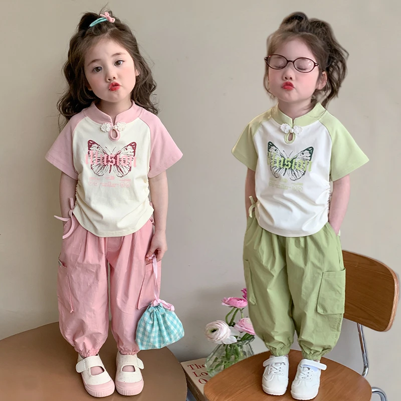 女小童薄款套装夏季2025新款宝宝蝴蝶工装裤夏装小女孩运动两件套