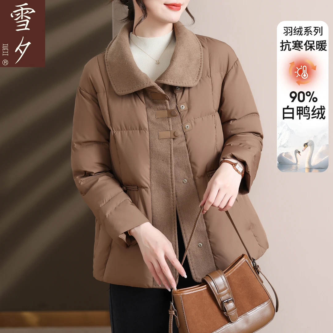 羽绒服妈妈女冬季加厚保暖外套2025新款毛呢拼接鸭绒衣服中老年女