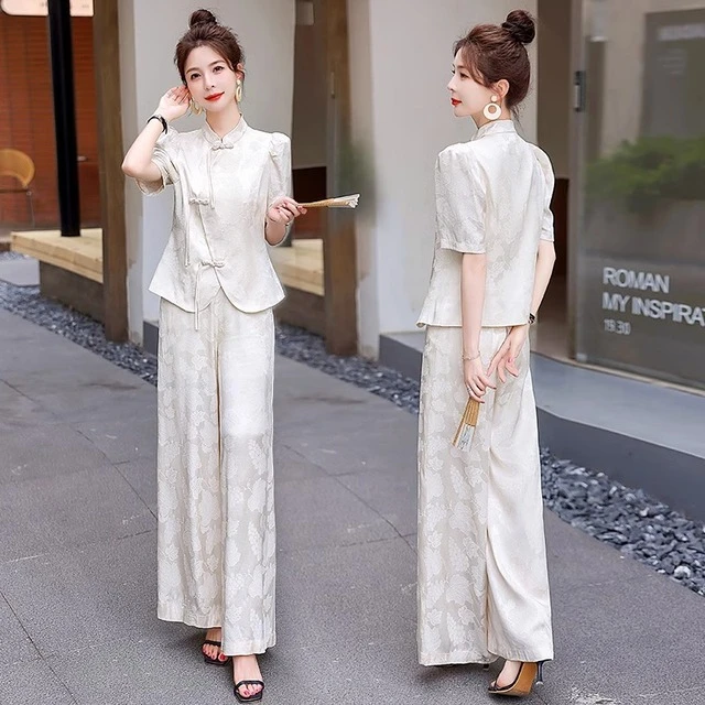 新中式国风改良旗袍盘扣套装女2024新款短袖上衣阔腿裤两件套夏装