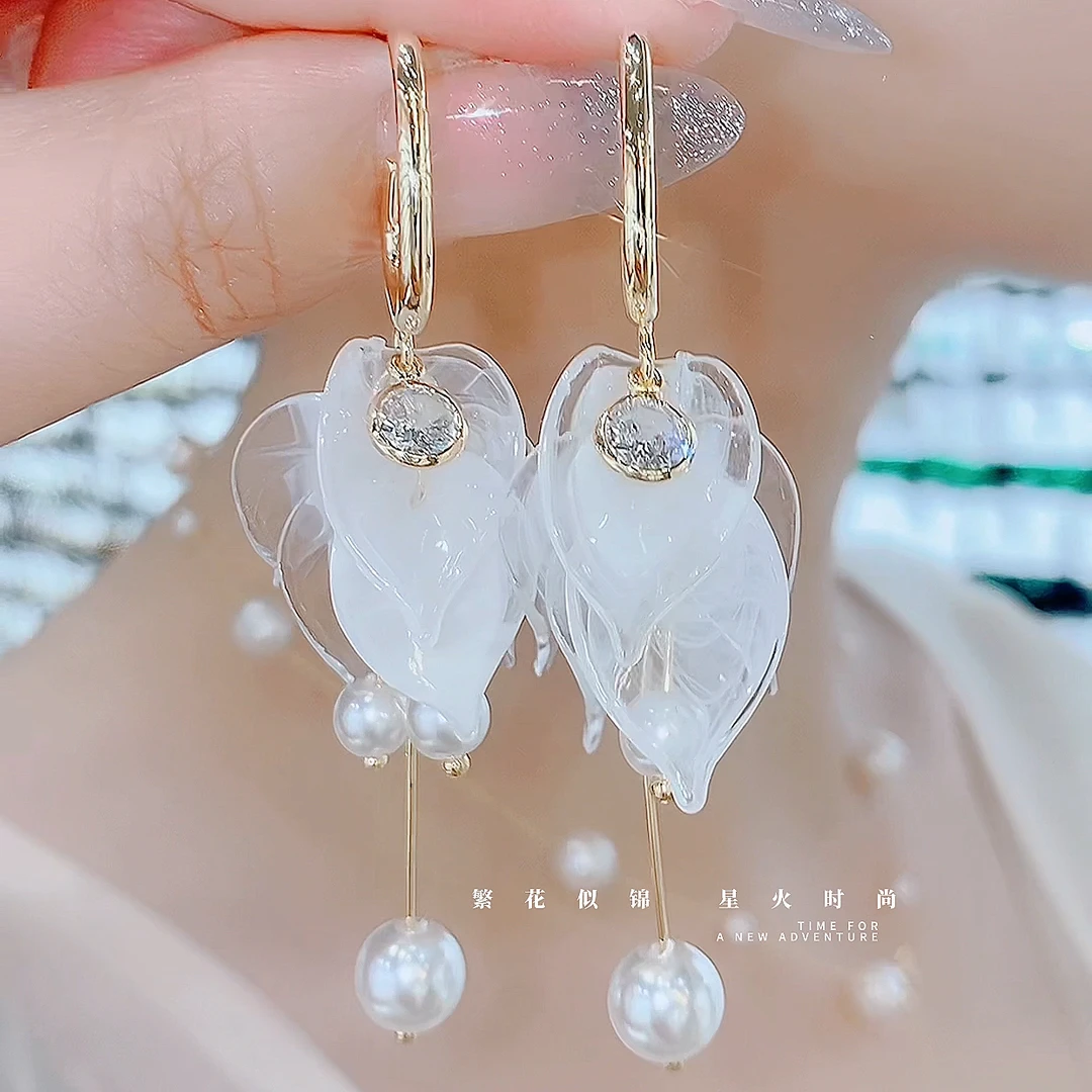 铜合金亚克力耳饰 轻奢-繁花似锦S925银针精美甜美白色精致耳环