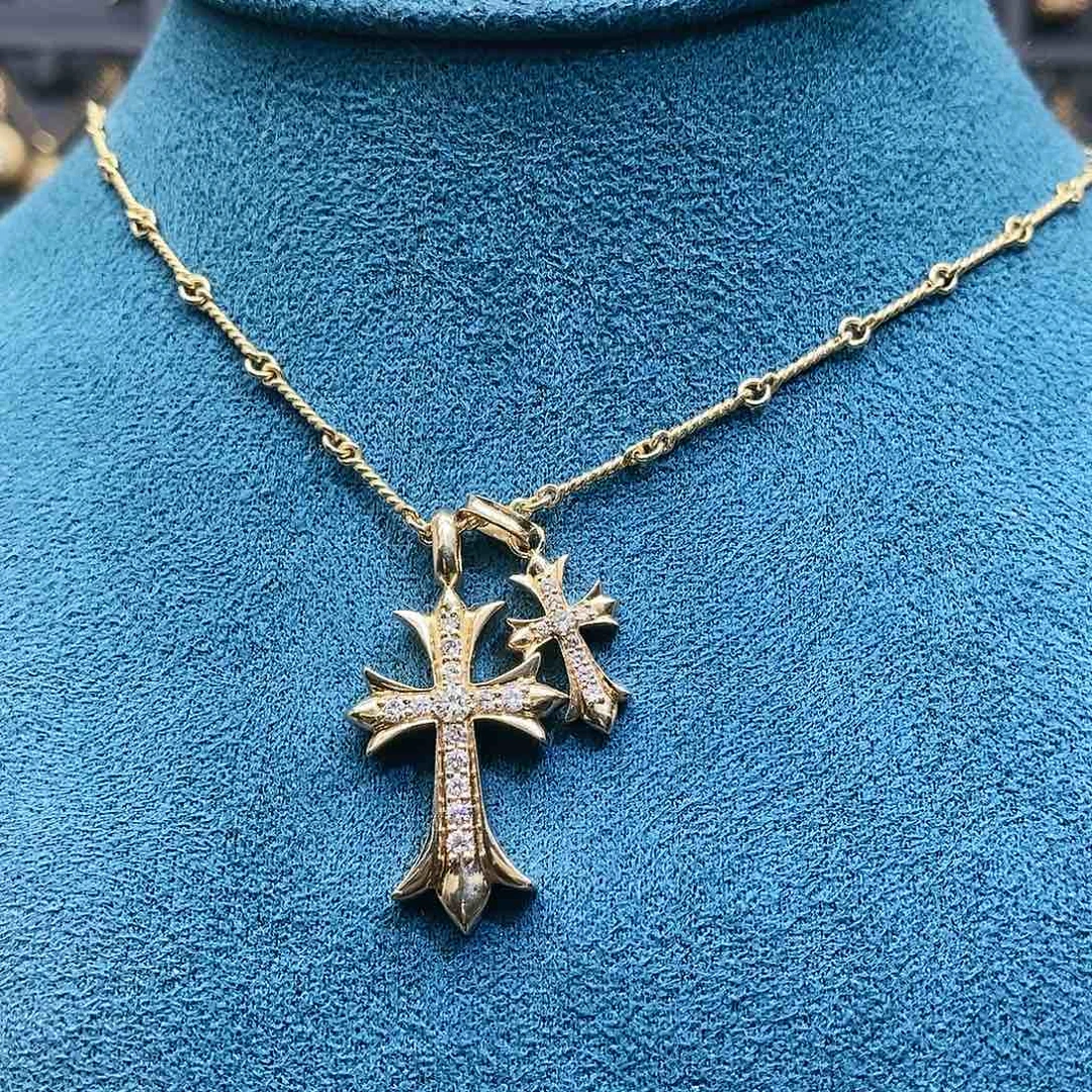 钻石颈饰18K金镶嵌k黄双十字架项链