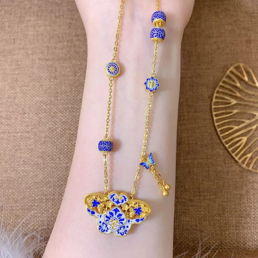 【伟新源】足金999 超精工！！  青花瓷蝴蝶套链28.26克