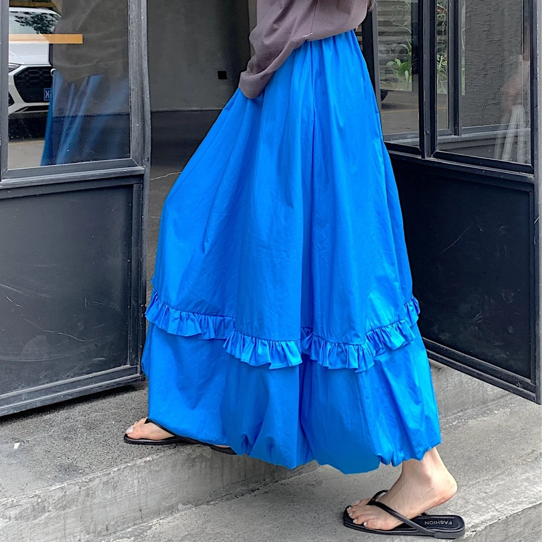 2025韩系时尚百搭显瘦木耳边设计感花苞裙宽松休闲蓬蓬长裙