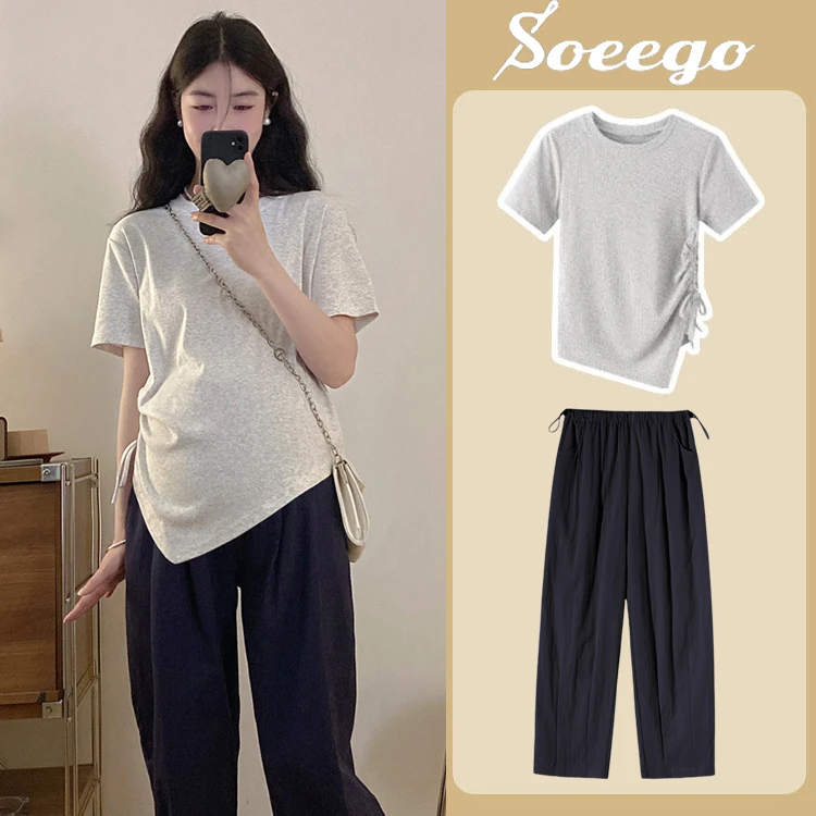 孕妇装t恤夏季不规则短袖打底衫上衣韩版修身显瘦山本裤子两件套