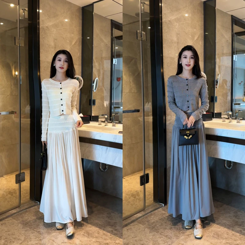 法式千金风轻熟针织上衣收腰拼接半身裙时尚套装