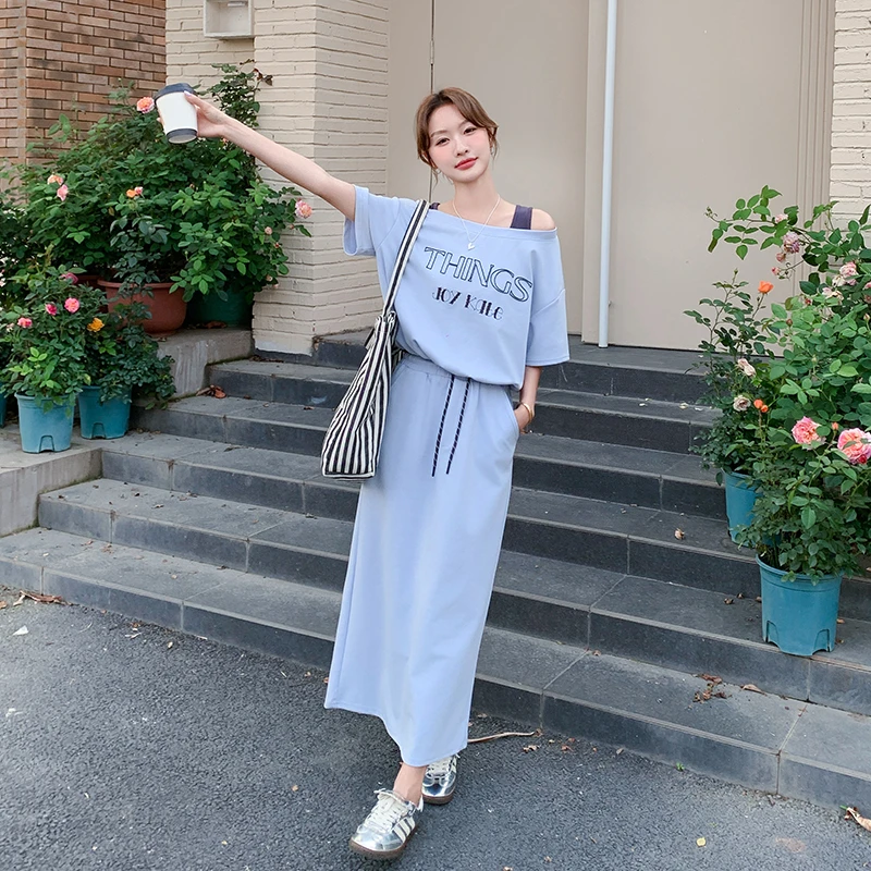 韩系气质减龄露肩T恤套装女2025春夏新款氛围感背心半身裙三件套