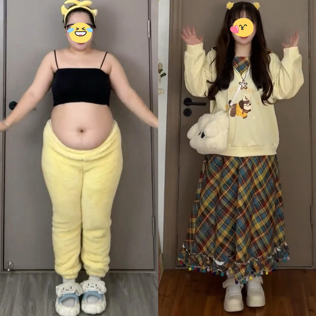 大码小香风黄色连帽字母印花长袖T恤+格纹a字半身裙女春秋两件套