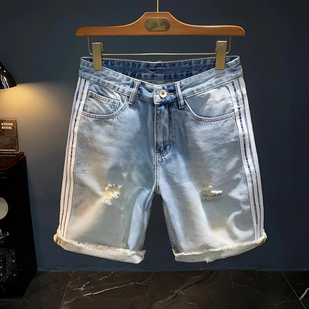 Cebrodz侧边织带破洞牛仔短裤男士2025年夏季新款百搭宽松五分裤