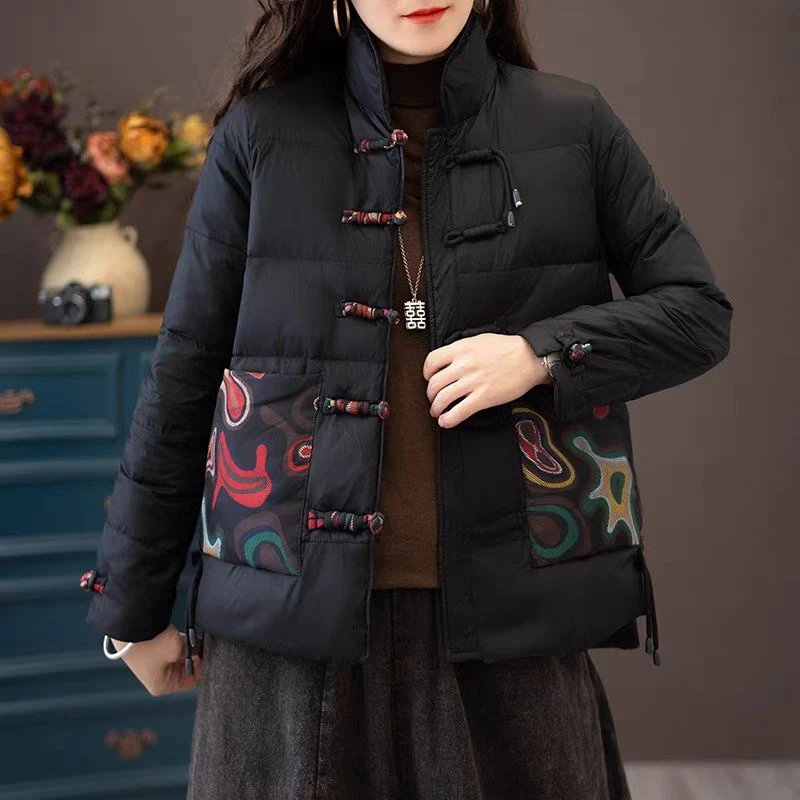 白鸭绒女立领短款盘扣民族风口袋印花薄暖外套是时尚复古中式秋冬