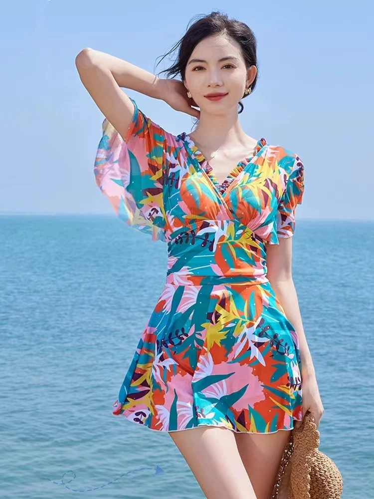 连体 衣裙式大码连体保守遮肚显瘦微胖连衣裙