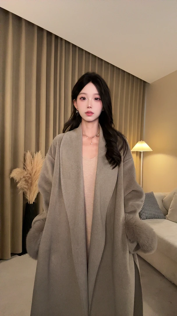 【小羊】YANG秋冬可拆卸内胆宽松百搭双面呢羊毛大衣+同色系毛领005