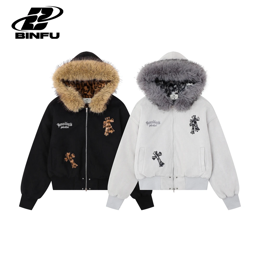 BINFU 冬装时尚百搭加绒棉服拼接豹纹十字架贴布绣连帽棉衣外套