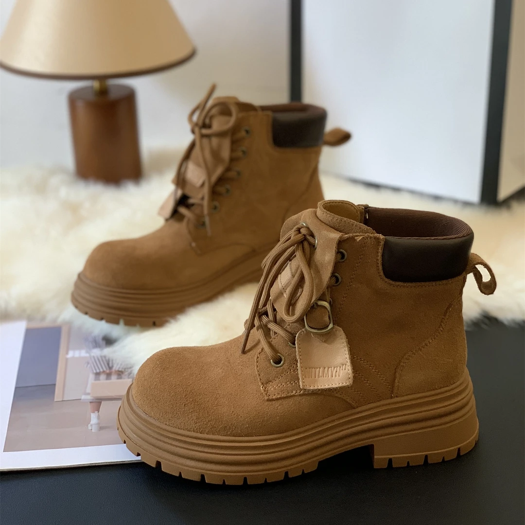 英伦风厚底短靴女2025年秋季新款潮酷复古磨砂绒面粗跟超火时装靴