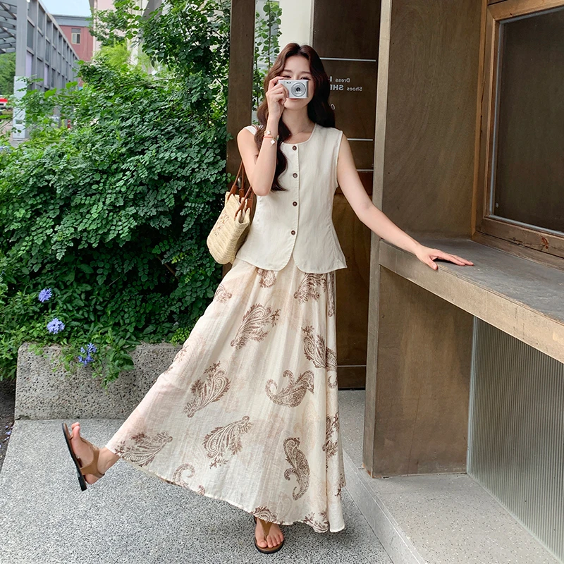 简约气质复古印花套装裙女2025夏季新款无袖马甲高腰半身裙两件套