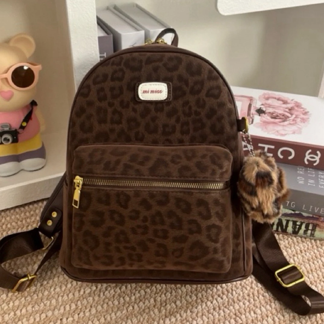 秋冬新款琥珀流光风豹纹大容量双肩包