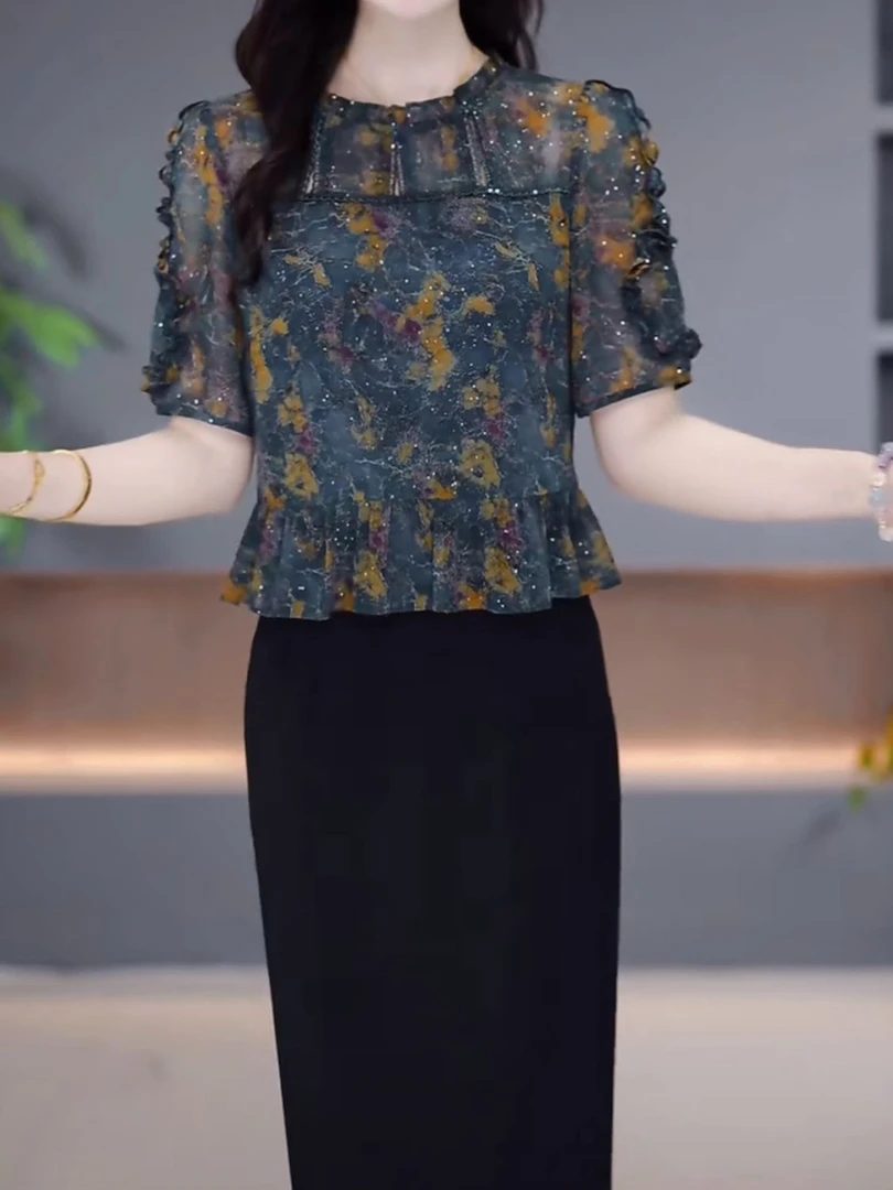 高级轻羽丝时尚优雅气质假俩件礼服裙2025夏季新款遮肉显瘦连衣裙
