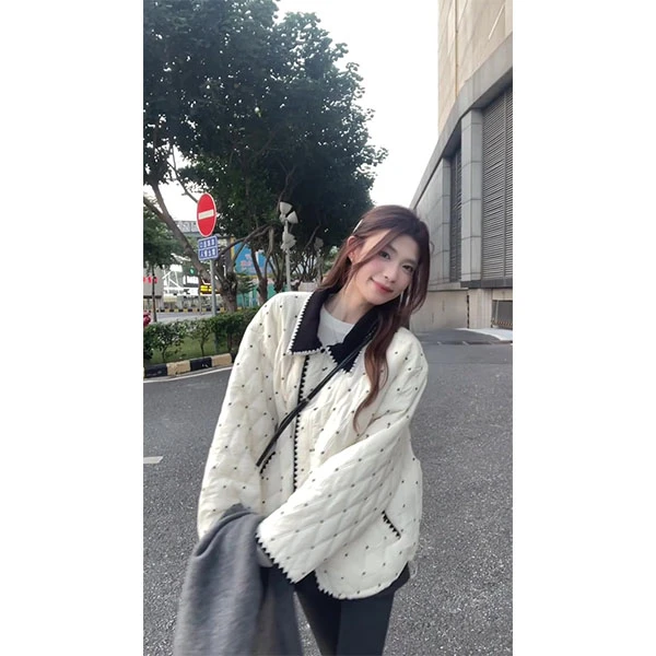 韩系休闲菱格撞色波点棉衣棉服女冬季学院风百搭外套短裙套装女