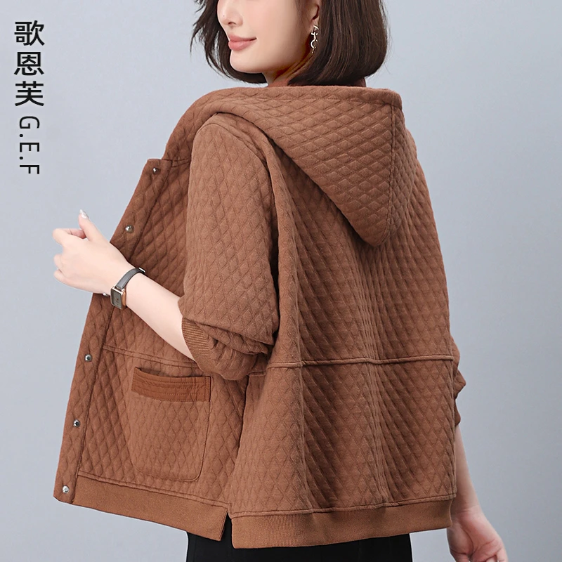 休闲短外套女春秋2025新款大码宽松连帽开衫卫衣时尚减龄妈妈夹克