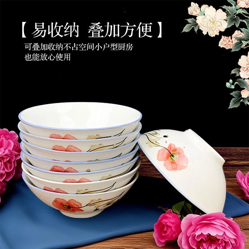 6英寸高脚加厚老式蓝边面碗复古三大碗菜碗6只/8只蒸菜碗喝粥碗