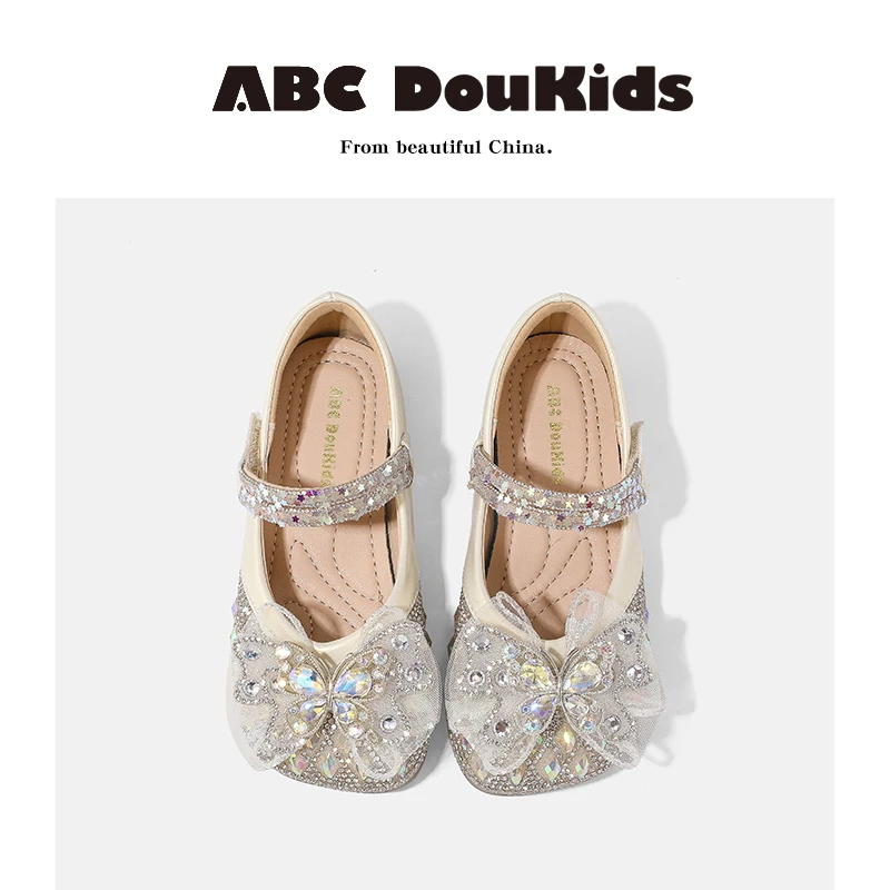 ABC Doukids女童公主鞋2025秋季新款儿童水晶蝴蝶结鞋宝宝软底鞋