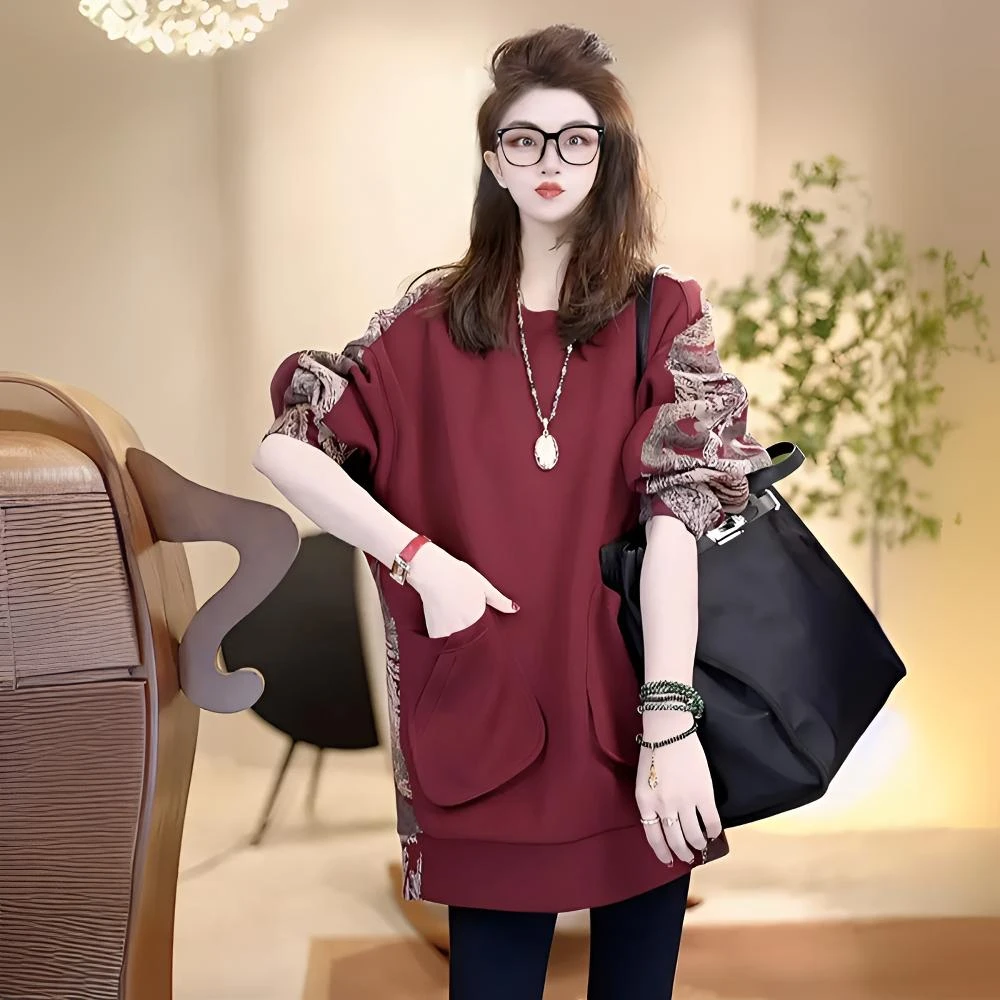 高级感拼接加厚款卫衣女时尚百搭中长款圆领大码女装显瘦韩版上衣