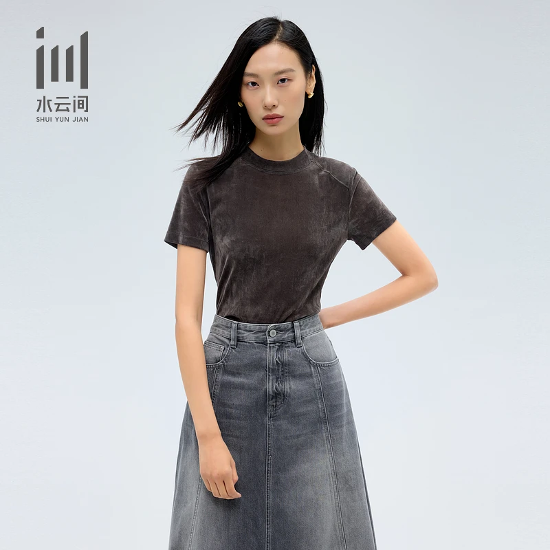 水云间女装圆领收腰植绒工艺短袖针织衫上衣2025春季新款12510373