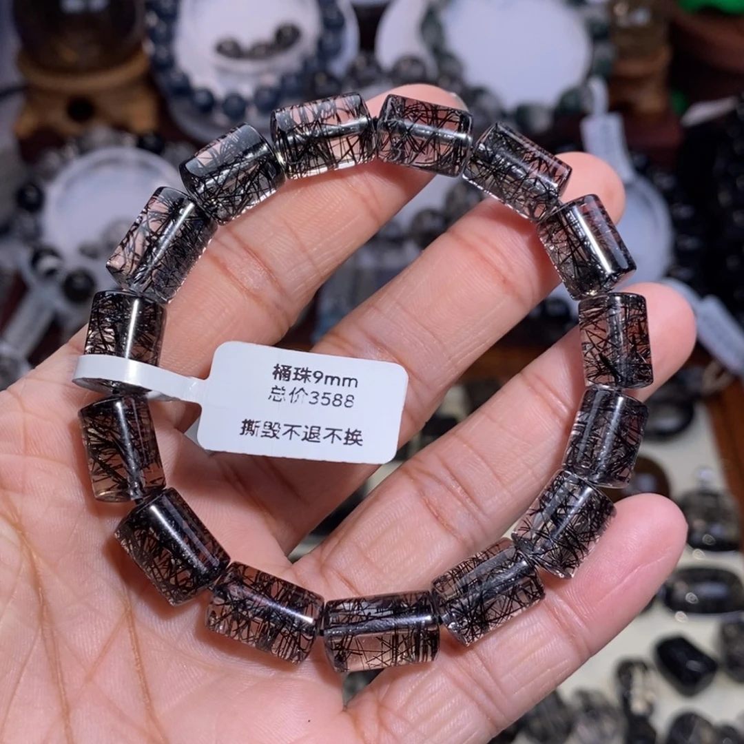 好***…手链未镶嵌水晶黑发晶桶珠9mm全透体满发蕾丝毕业级
