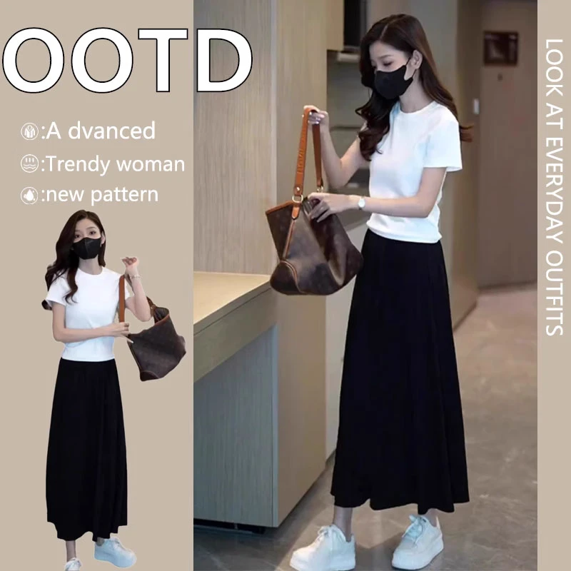 温柔风穿搭夏季搭配一整套装裙女短袖T恤高腰遮肚显瘦半身裙套装