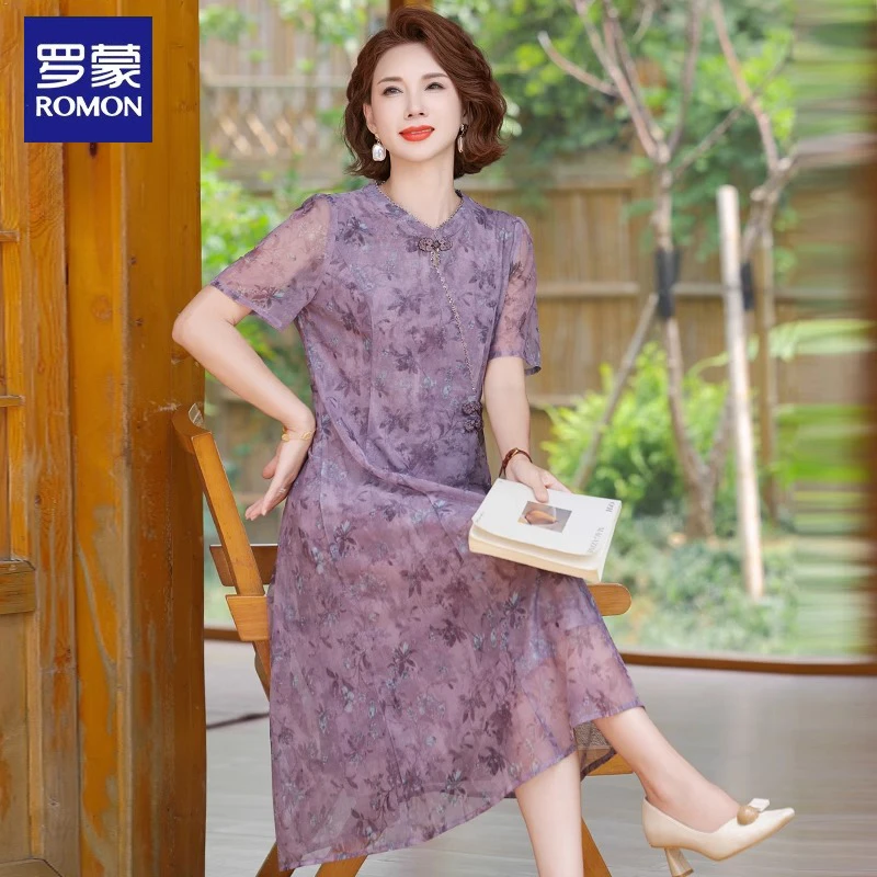 罗蒙新中式妈妈夏装2025新款连衣裙中年女士夏季贵夫人过膝长裙薄