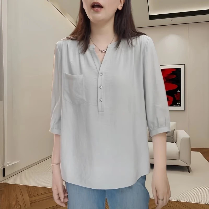 欧货爆款v领七分袖上衣大码女装夏季胖MM显瘦洋气宽松百搭衬衫