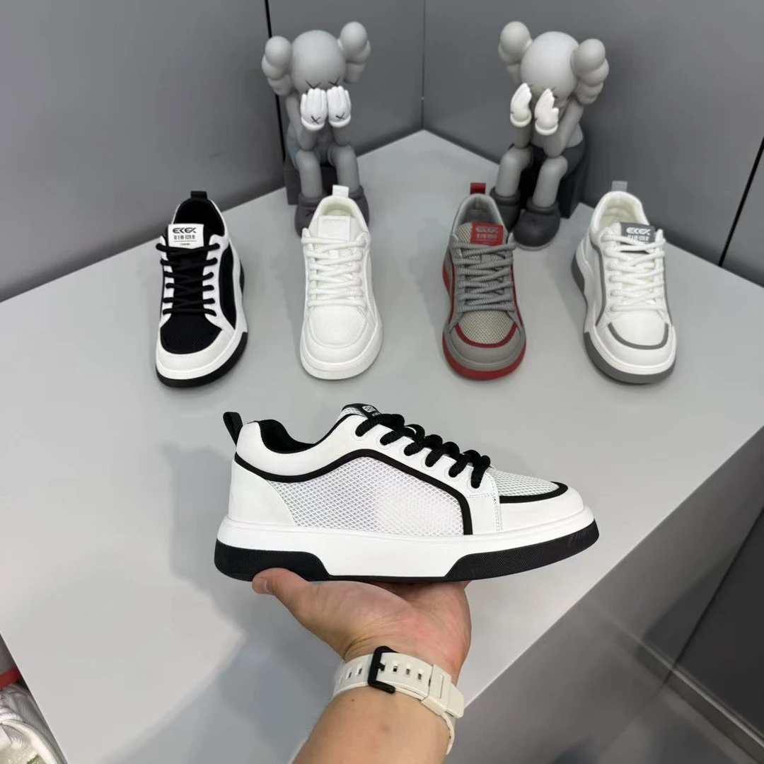 新款男鞋素面透气皮网拼接小白鞋舒适低帮运动轻便简约 EC88-859