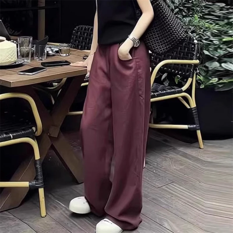 红色复古港风时尚高级感阔腿裤女2025夏季新款垂感直筒显瘦拖地裤