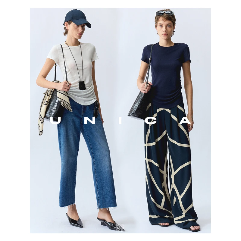 UNICA/精致腰间舒适无物_定纺超柔轻薄莱赛尔羊毛弹力抽褶T恤短袖