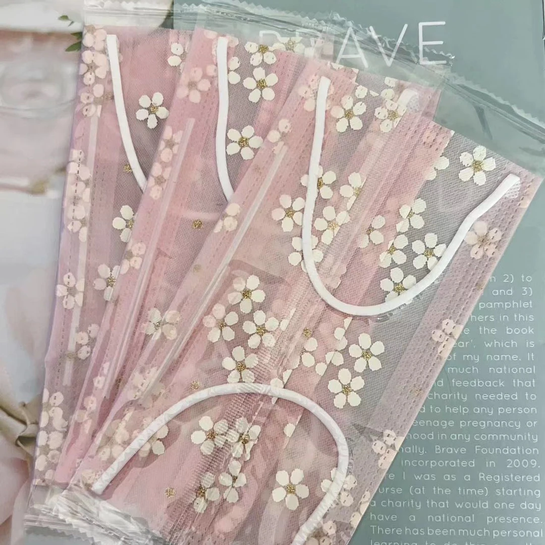 遮阳一次性二层网纱口罩一层网纱+1层布轻薄款浅黄色樱花可爱