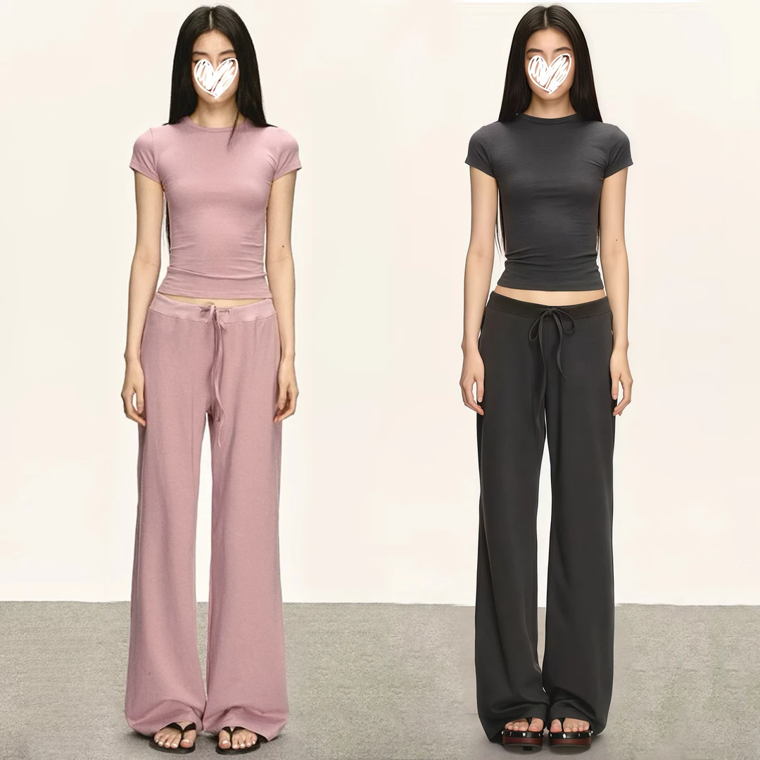 超薄柔软女夏一整套时尚百搭正肩短袖T恤直筒休闲裤子两件套2131