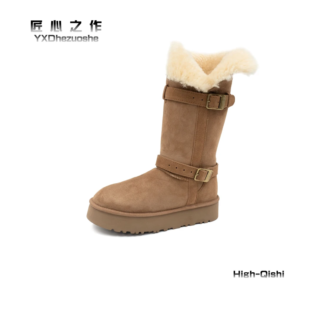 【老叶】2025骑士款中筒冬季厚底羊皮毛一体防水台中筒雪地靴加绒