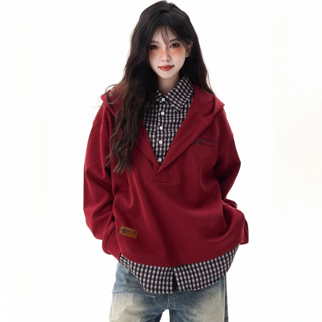 2025秋冬季新款连帽卫衣简约风格子内衬字母休闲外套