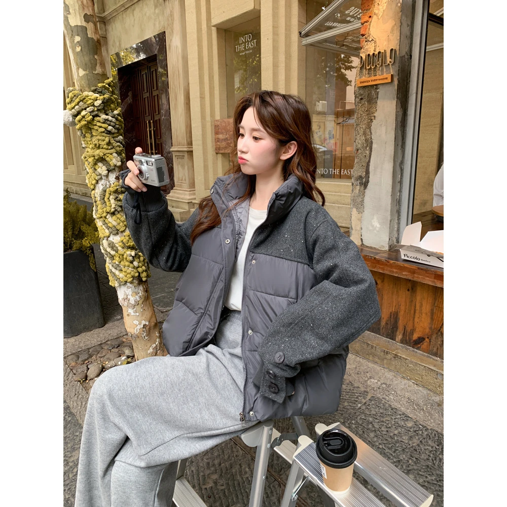 百搭保暖袄子冬季设计感拼接加厚修身服女新款学院洋气时尚袄外套