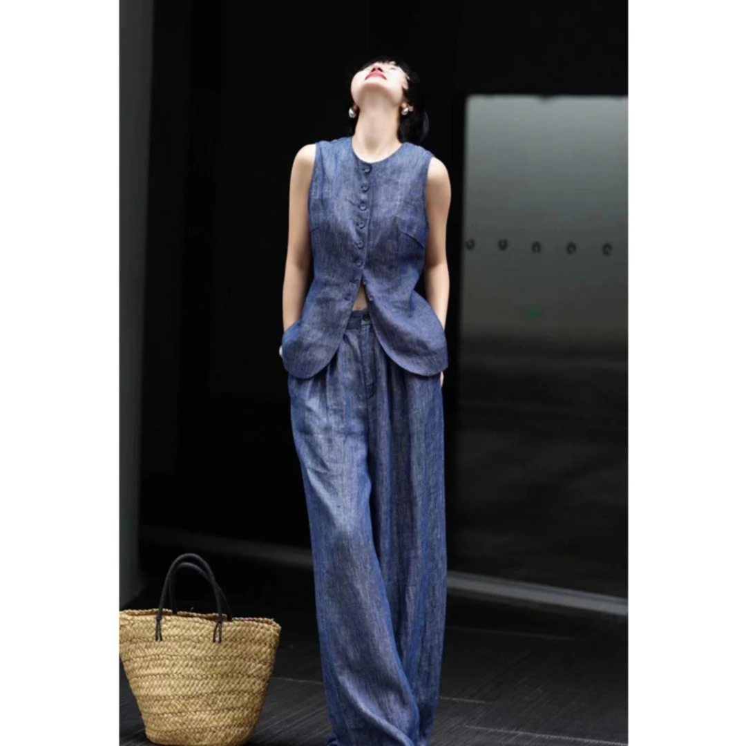 老钱松弛感亚麻牛仔套装女夏季复古高级感无袖马甲长裤通勤两件套