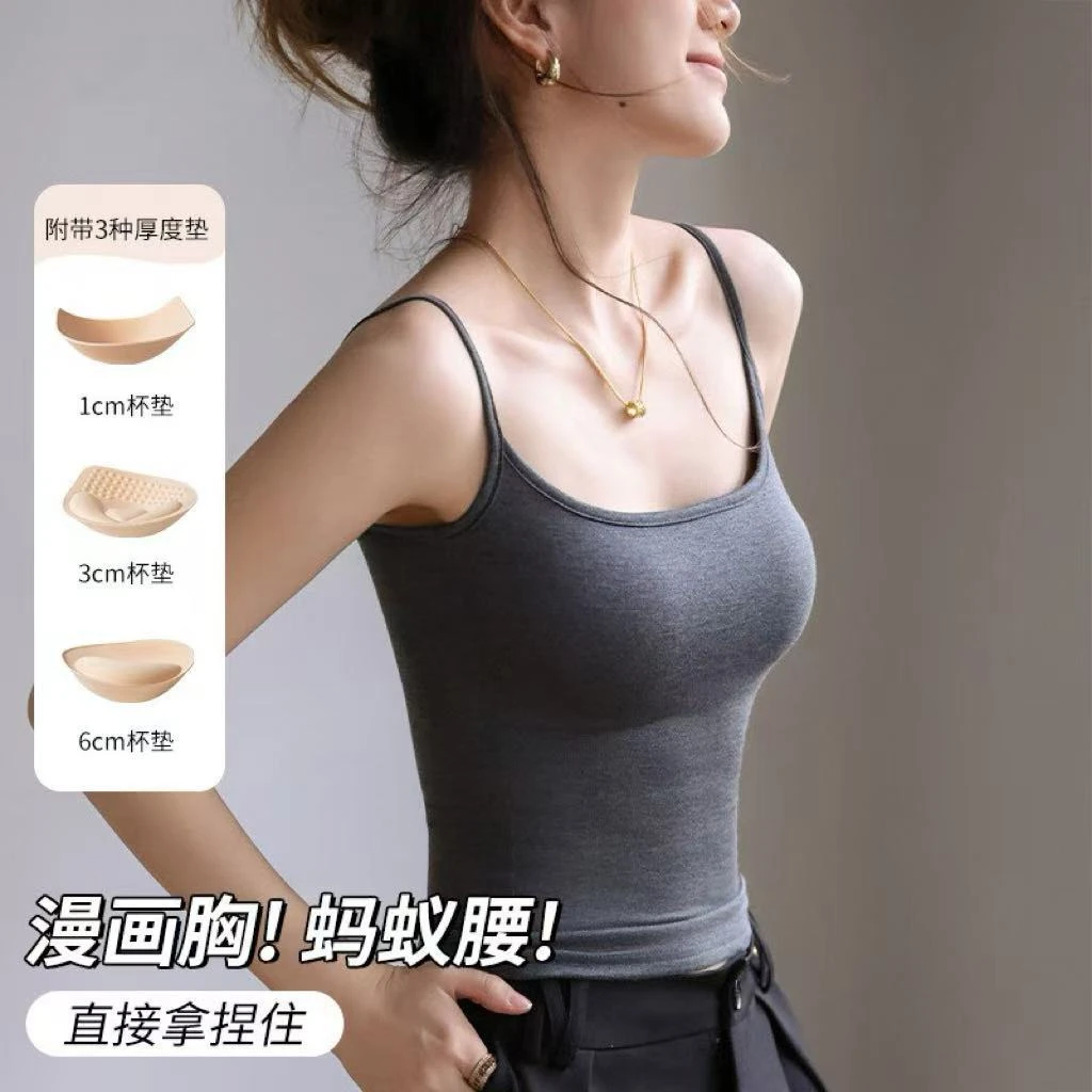 漫画胸吊带背心女夏外穿2025新款内搭带胸垫无中生有辣妹无袖上衣