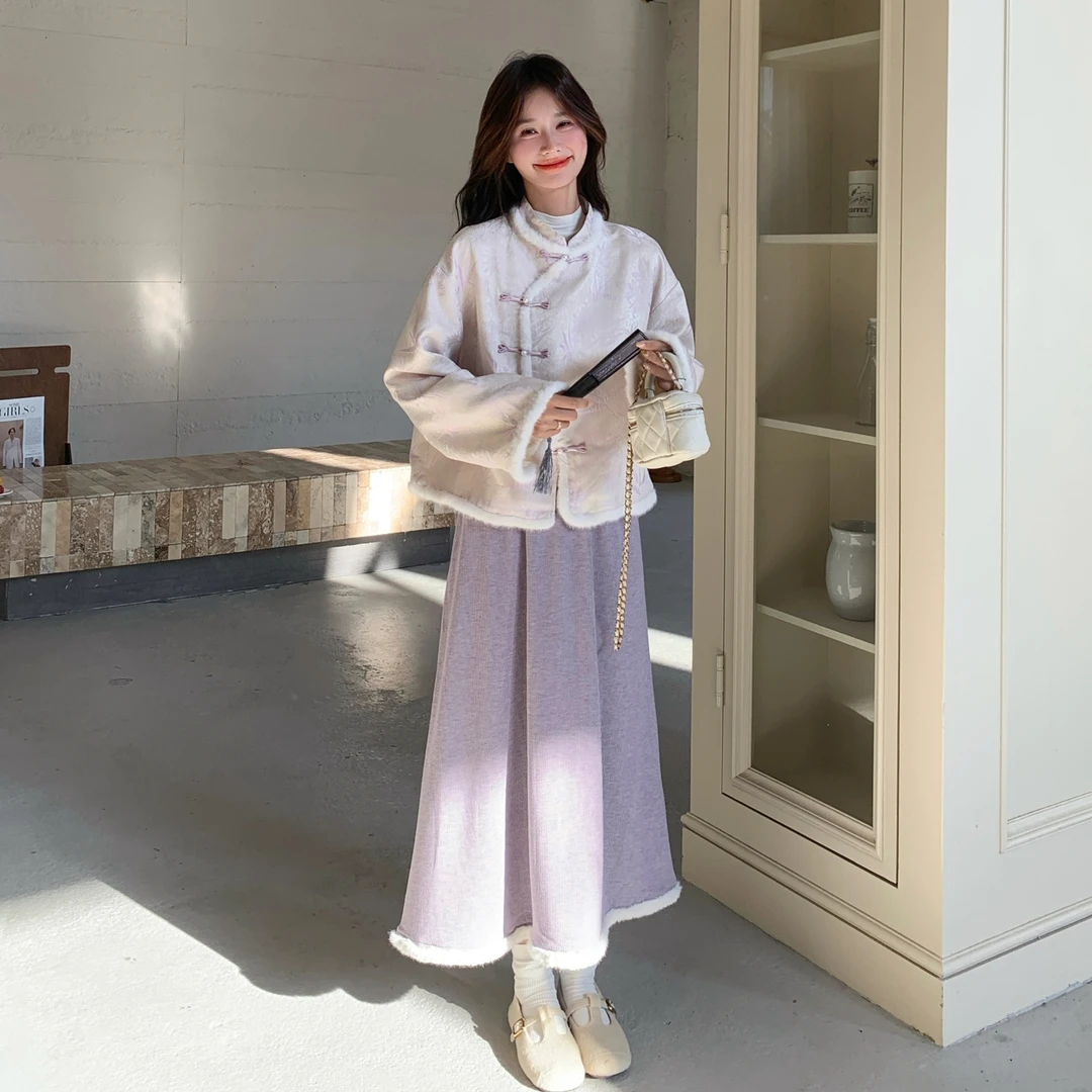 新中式国风香芋紫套装裙女冬2025新款毛绒拼接短外套半身裙两件套