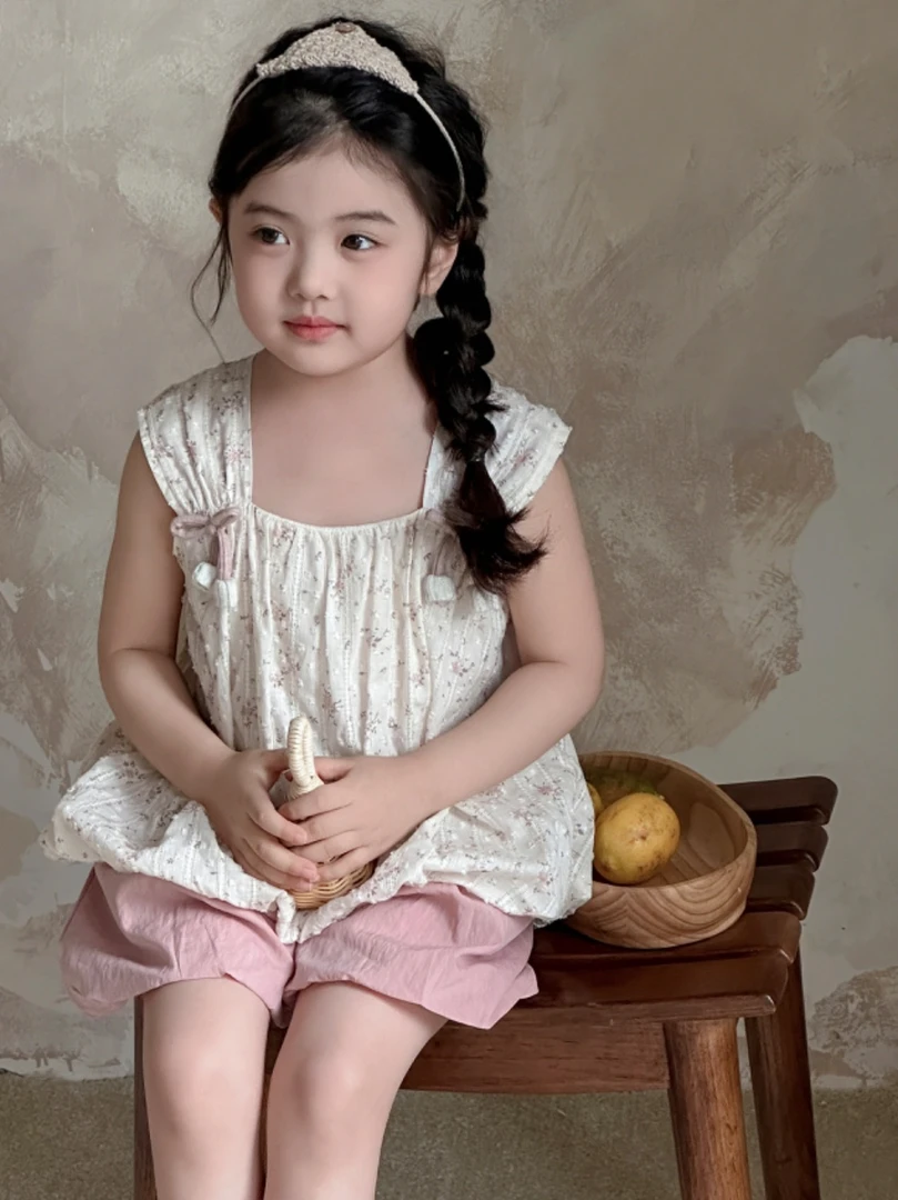 J601女童L·H·NIAO2025夏款日常百搭女孩无袖碎花套装