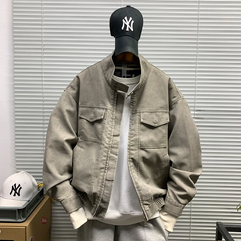 美式复古立领夹克男款春秋新款潮牌休闲宽松百搭高级感工装外套