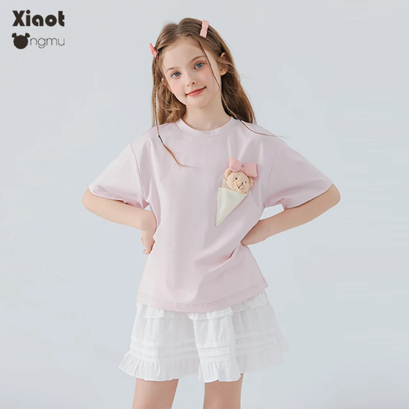 小童12-15岁木小熊冰淇淋女童短袖t恤夏季新款儿童粉色上衣