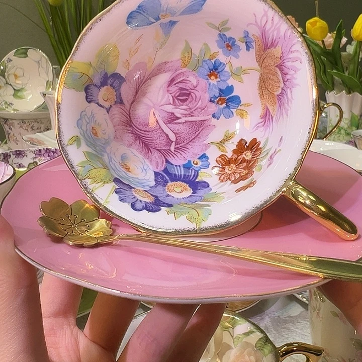 陶瓷高脚杯碟少女粉嫩咖啡杯碟