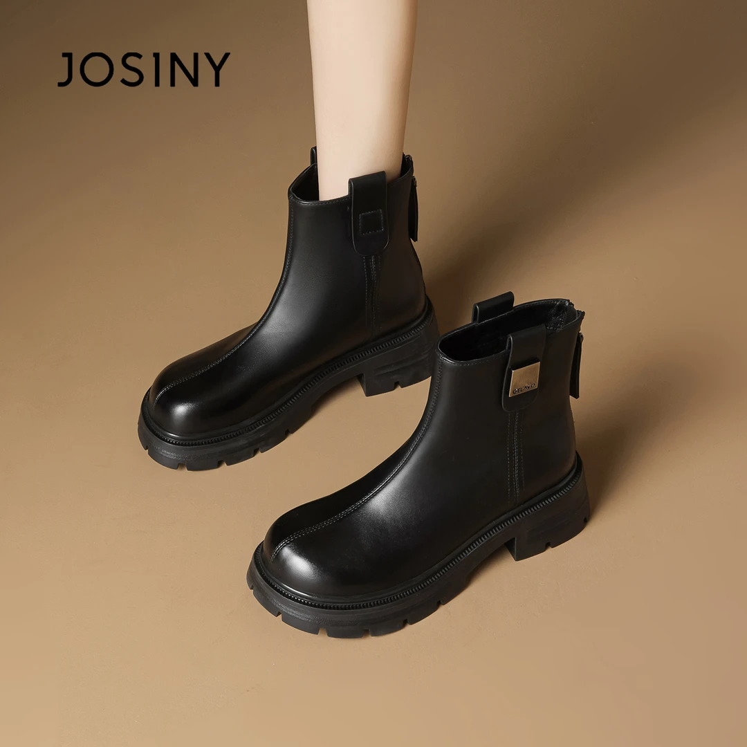 卓诗尼厚底短靴女款黑色2025秋季瘦瘦靴粗跟增高时装靴法式靴子女