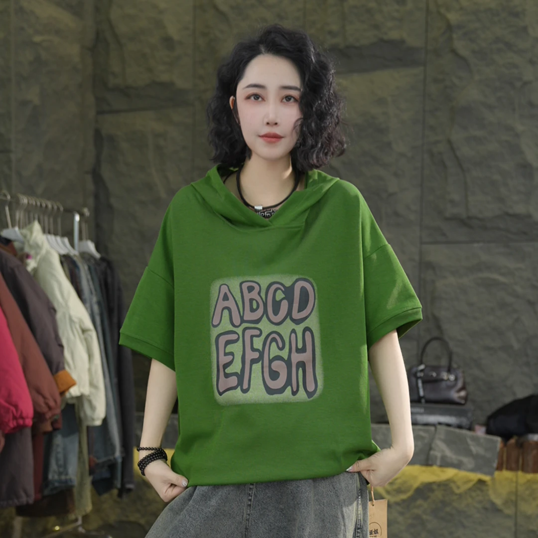 D05-H 春季短袖T恤女卫衣宽松休闲简约显瘦百搭气质棉麻风帽衫