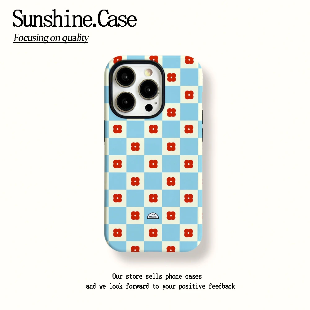 菲林二合一适用苹果华为vivo小米oppo手机壳格纹花朵16PRO/15