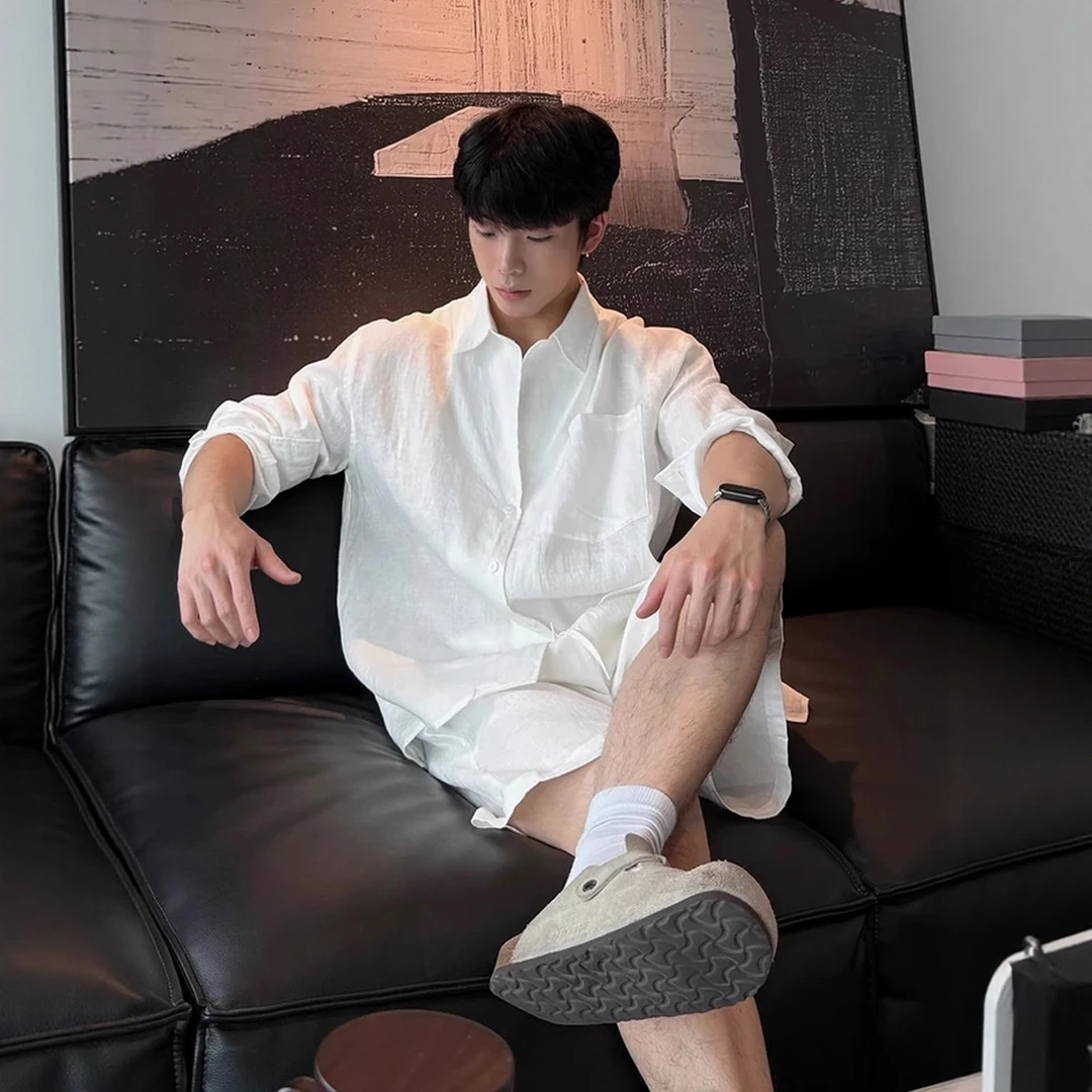 轻熟男士亚麻装夏季高级感痞帅老钱慵懒风棉麻衬衣蓝色男款套装