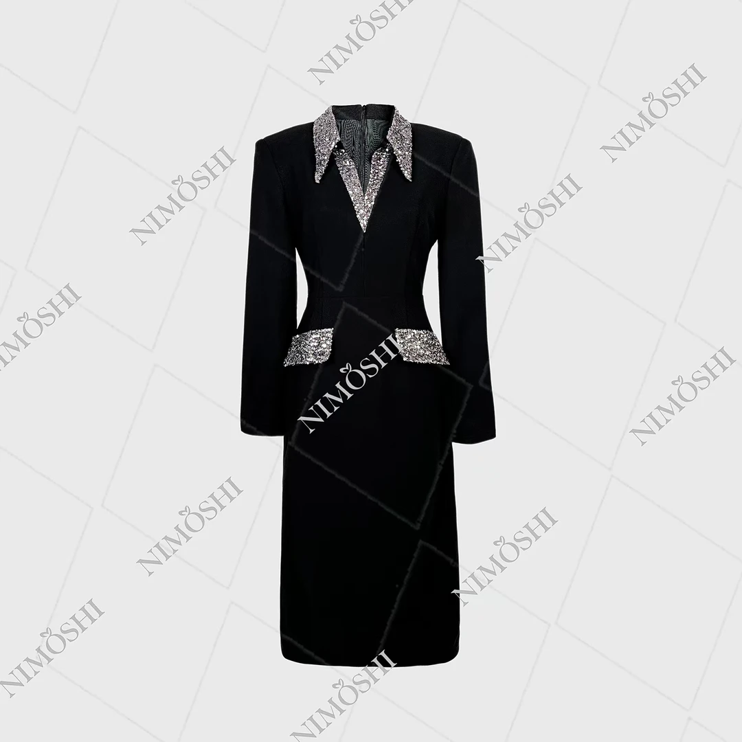 NIMðSHI【专柜飞】新款轻奢简约立领设计显瘦长裙小黑裙款号Q1088